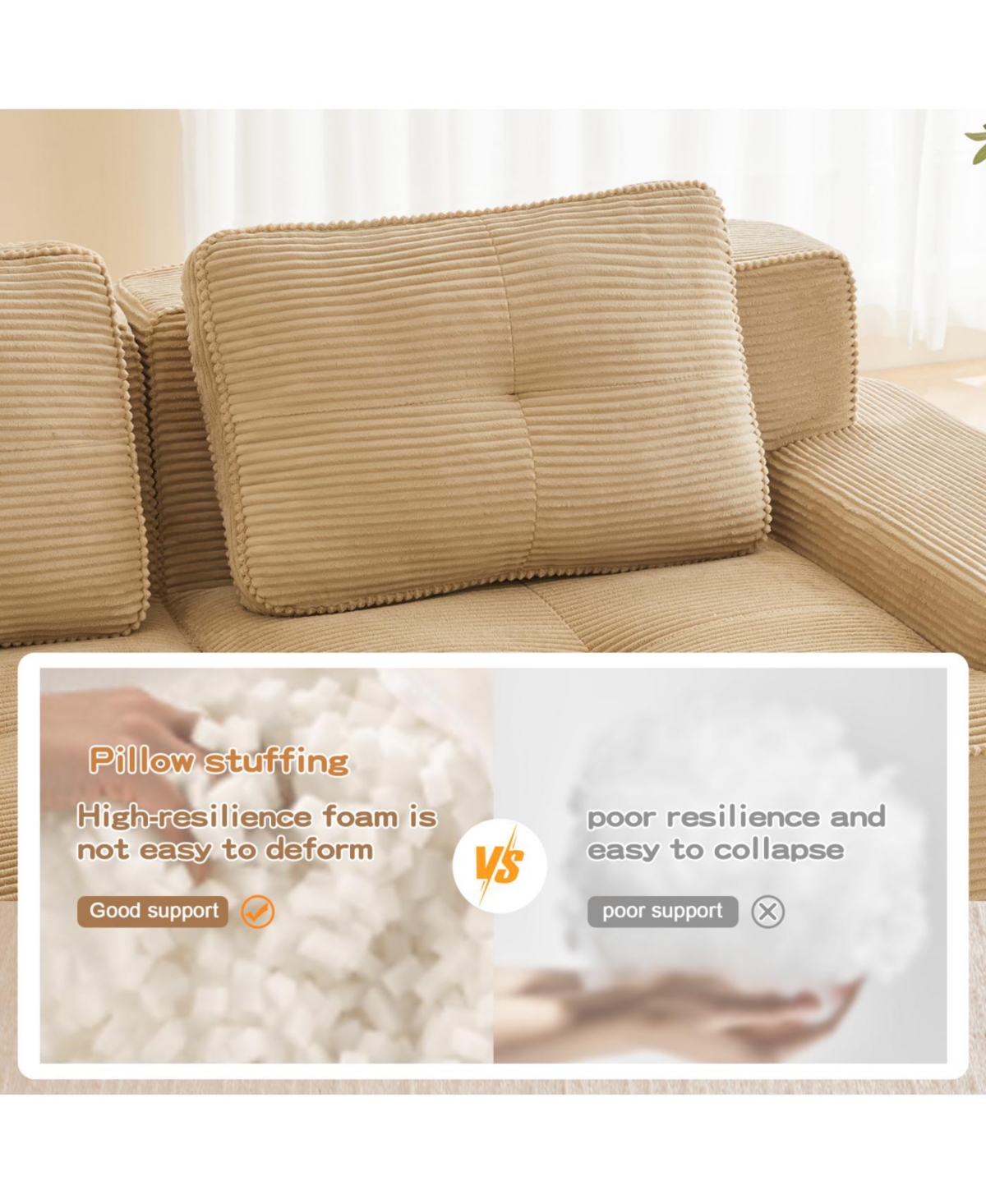 Streamdale Furniture Streamdale Modern U-Shaped Corduroy Sectional Sofa with Movable Ottoman - Camel