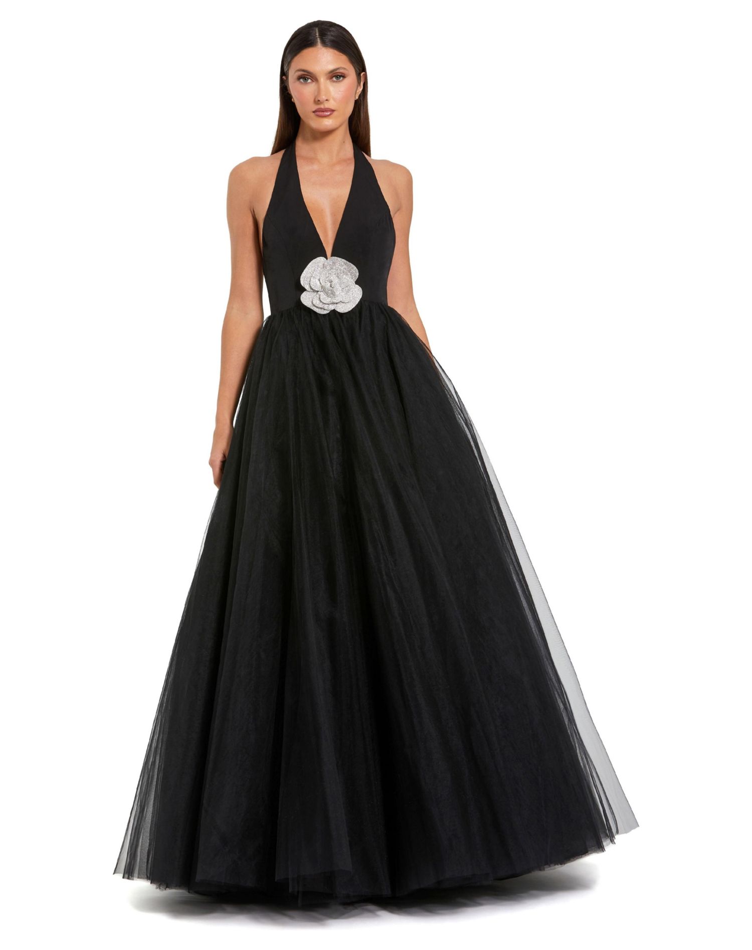 Women's Jersey Halter Ballgown with Tulle Skirt and Floral Detail