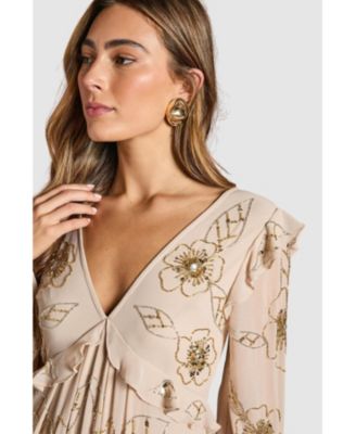 Women's V Neck Embellished Tiered Midi Dress