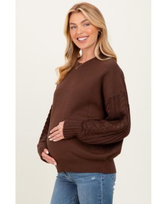 Maternity Brown Cable Knit Sleeve Round Neck Sweater