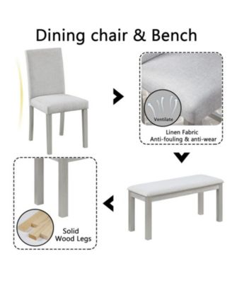 6-Piece Silver Grey Crystal Accent Wood Dining Set with Rectangular Table 4 Upholstered Chairs and Bench