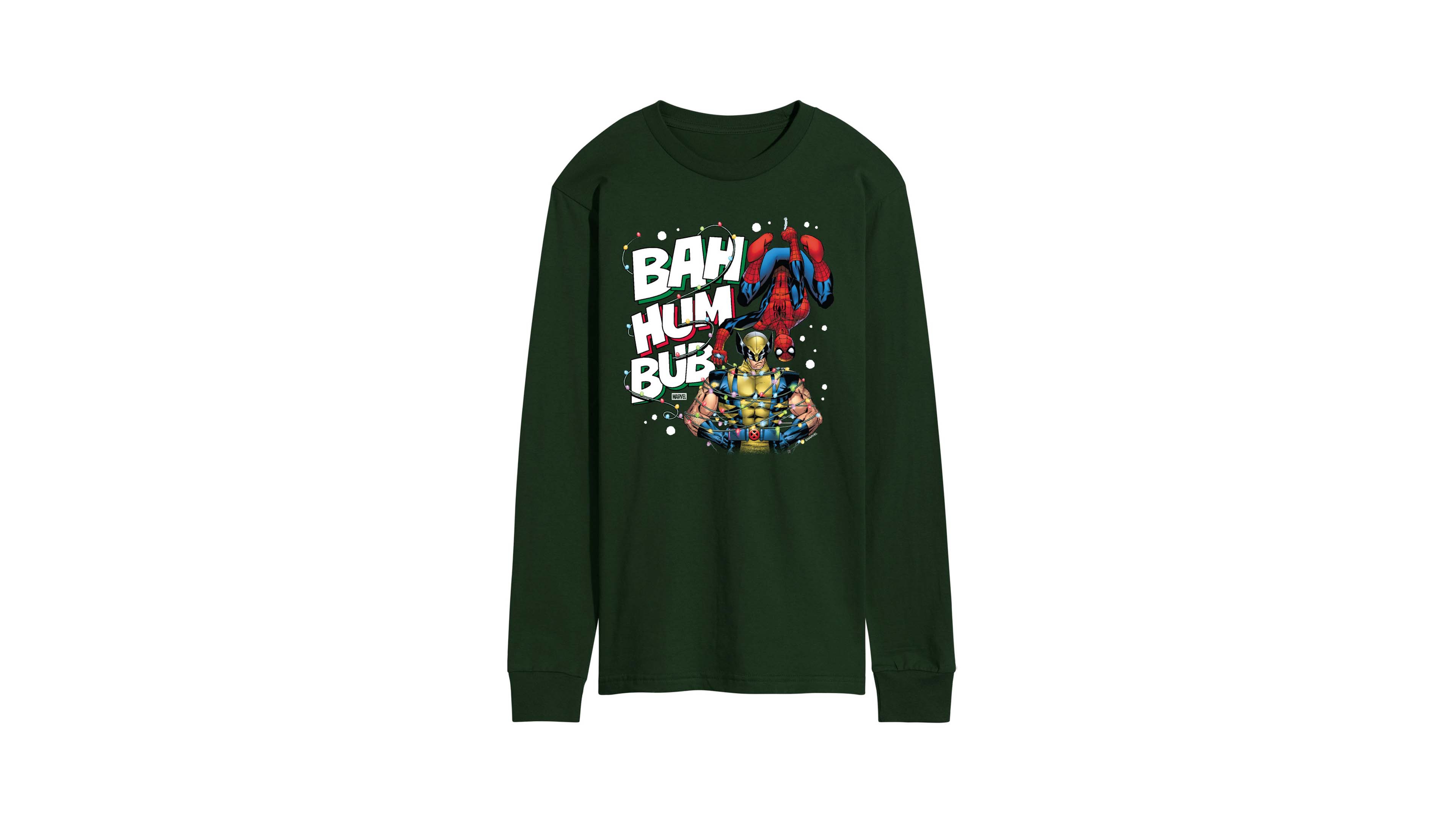 Airwaves Men's Marvel Bah Hum Bub Wolverine and Spider-Man Graphic Long-Sleeve T-Shirt