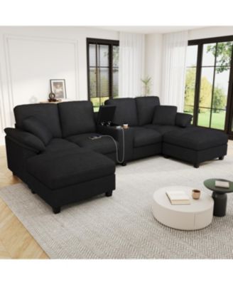  Modern U-shaped Corduroy Sofa with Storage, Cup Holders & USB Ports
