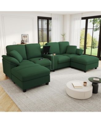  Modern U-shaped Corduroy Sofa with Storage, Cup Holders & USB Ports