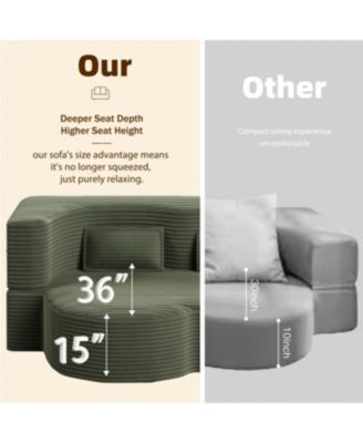 Streamdale Modern Floor Sofa with 2 Pillows, Convertible Plush Corduroy Sleeper Sofa Bed, Green