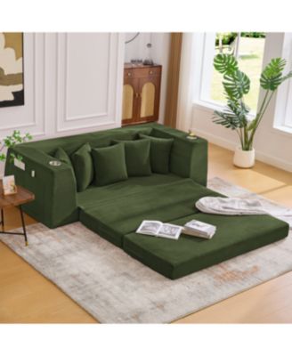 Corduroy Convertible Sofa Bed Loveseat Sleeper with 5 Pillows, Green