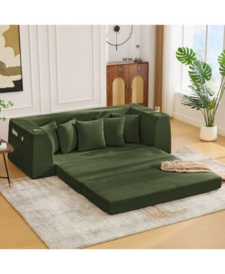 Corduroy Convertible Sofa Bed Loveseat Sleeper with 5 Pillows, Green