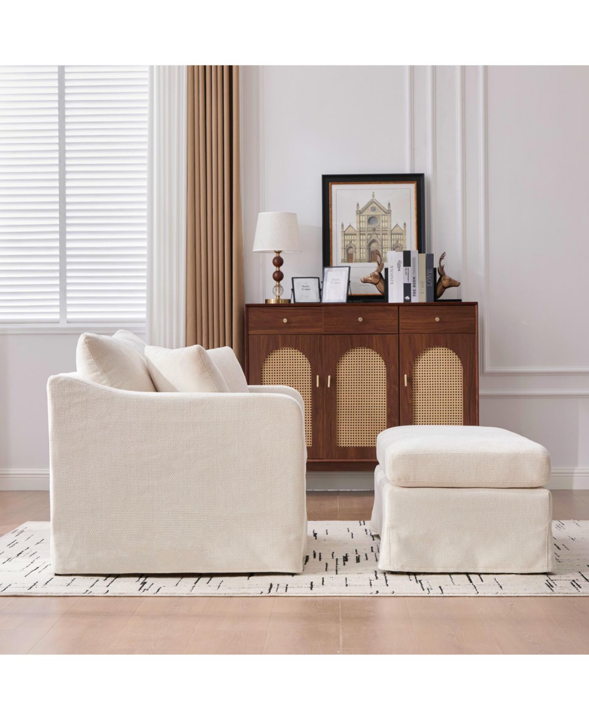 Streamdale Modern Upholstered Farmhouse Chair & Ottoman Set, Beige