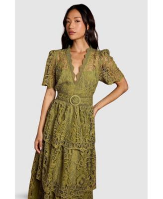 Women's Short Sleeve Tiered Lace Midi Dress