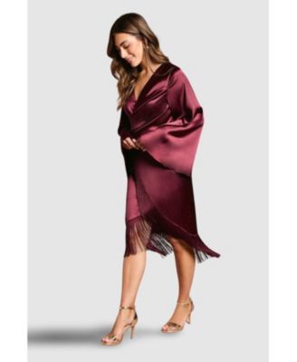 Women's Satin Fringe Hem Wrap Waist Midi Dress