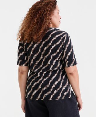 Plus Size  Printed Boat-Neck Elbow Sleeve Cotton Top