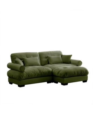  Olive Green Velvet Two-Seater Sofa with Ottoman and Pillows