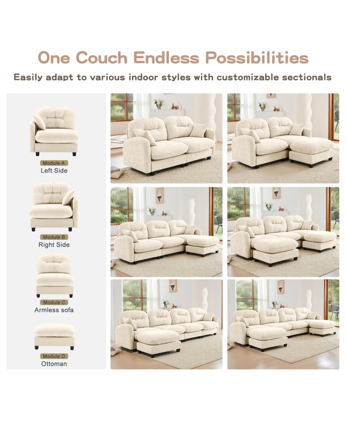 Streamdale Furniture Streamdale Loveseat Cloud Chenille Sectional Couch, Tufted, Ergonomic, Easy Install, Beige