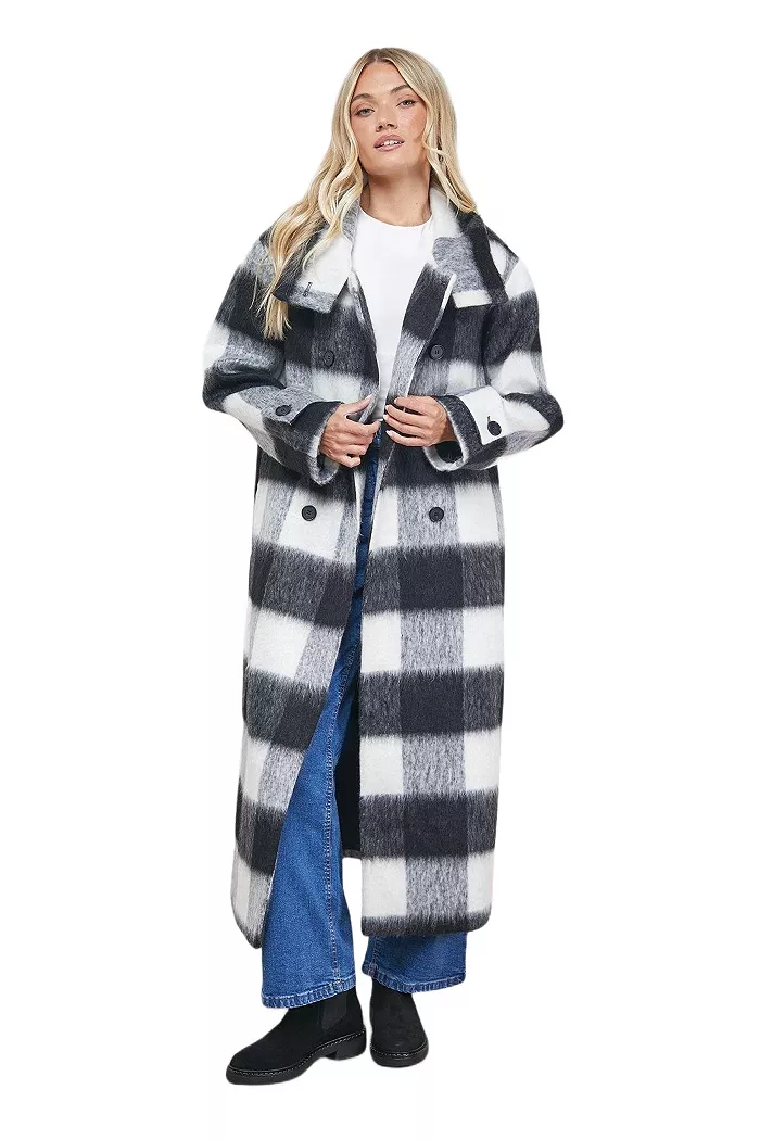 Women's Brushed Check Funnel Neck Coat - thumbnail 2