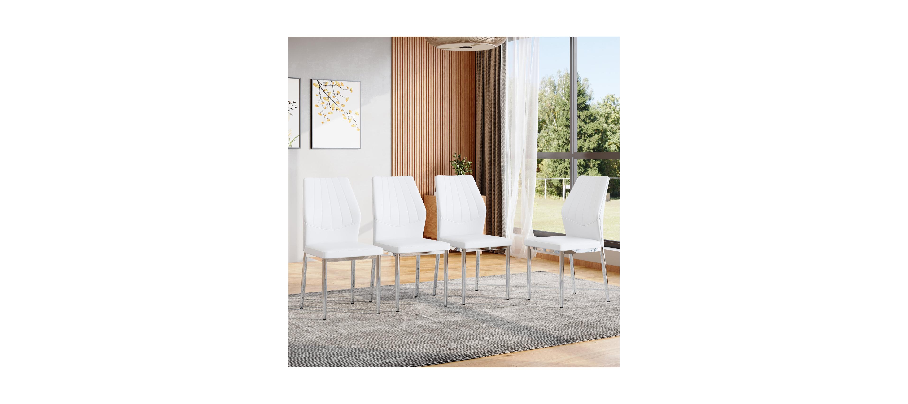 Streamdale Furniture Streamdale Set of 4 Silver & White Dining Chairs, 37" High, Ergonomic Pu Backrest