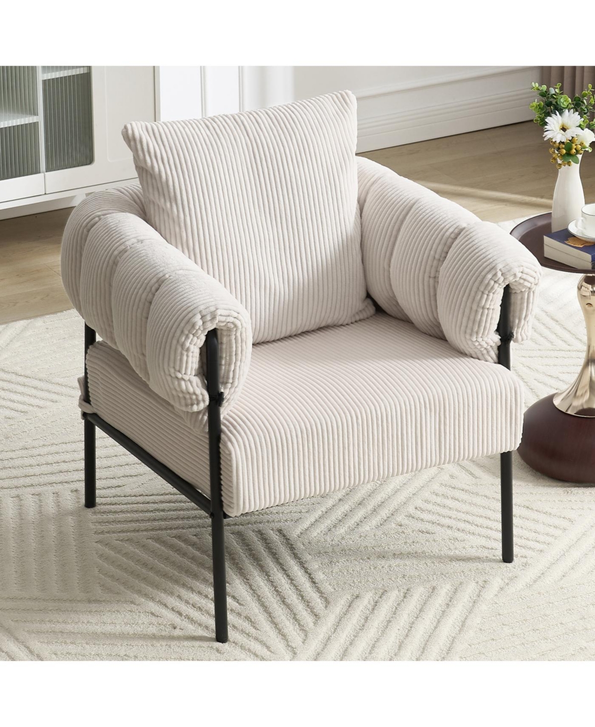 Streamdale Modern Teddy Fleece Upholstered Chair with Gold Metal Legs, Creamy White