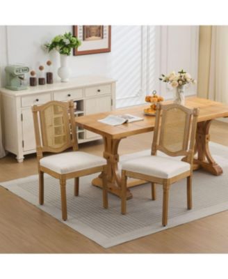 Solid Wood Rattan Back Dining Chair - Natural Linen Cushion