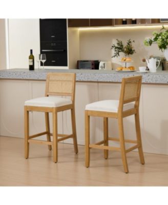 Streamdale Solid Wood Rattan-Inspired Bar Stool with Linen Cushion