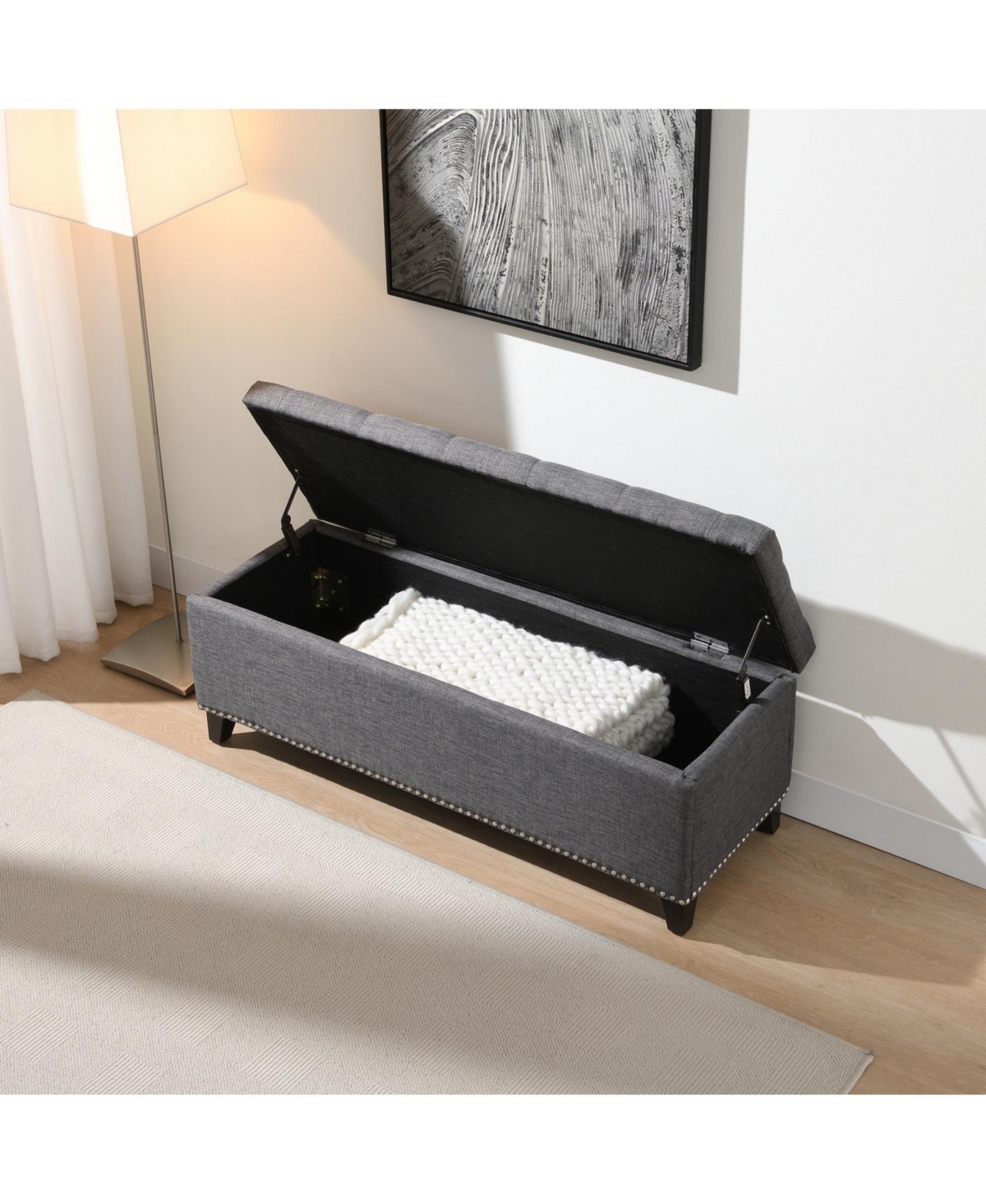 Streamdale Furniture Streamdale 47.5" Storage Ottoman Bench with Safety Hinge, Button-Tufted, Supports 500lbs - Dark Grey