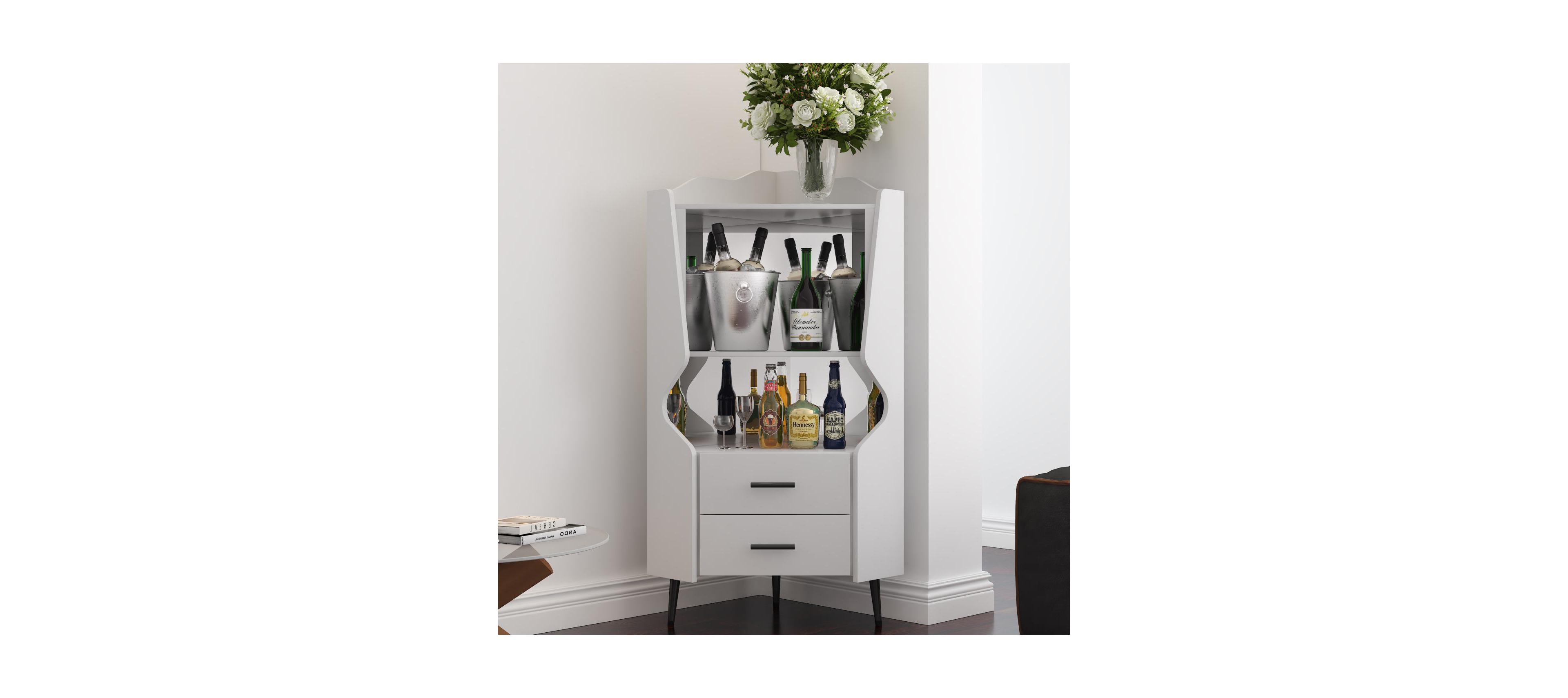 Streamdale Furniture Streamdale Wooden Corner Bar Cabinet with Storage Shelves and Drawers, White