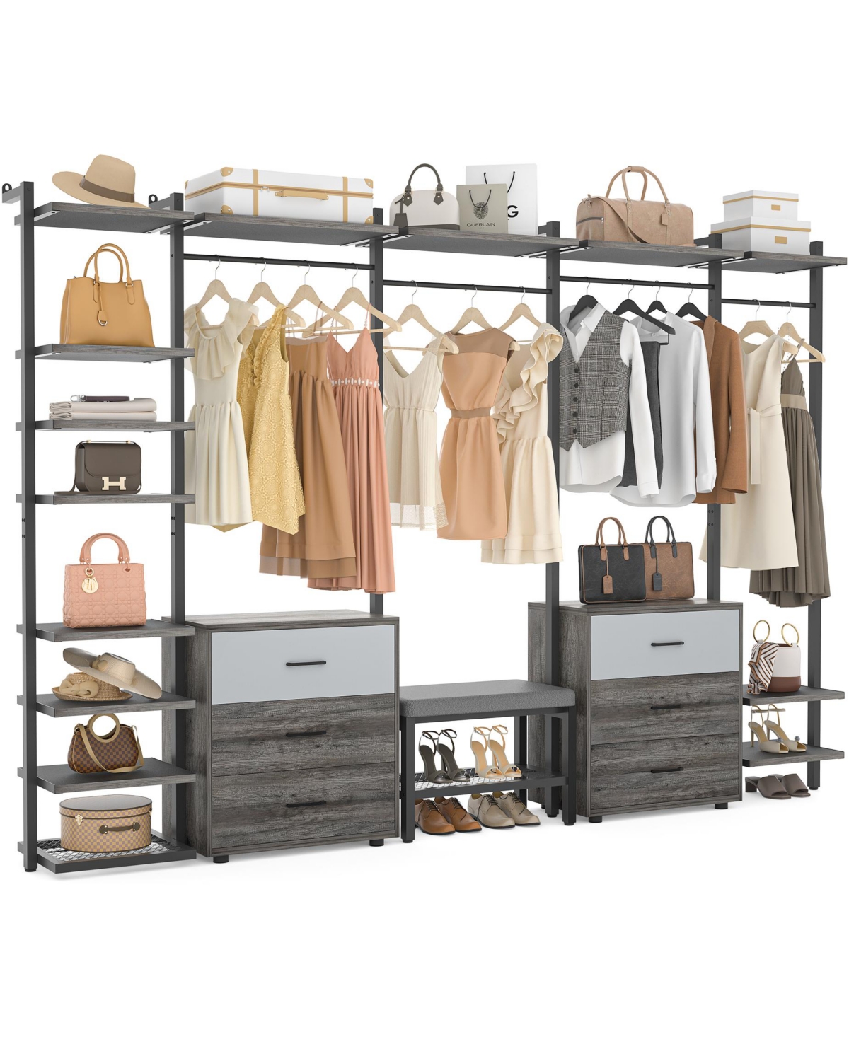 Aheaplus Heavy Duty Closet Organizer System with 6 Drawers, 96 Inch Walk Clothes Rack 14 Shelves, 1200 lbs Capacity