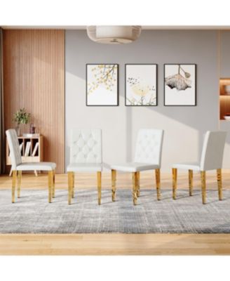 Streamdale 4-pack White PU Dining Chairs, Ergonomic Buckle Back, 35"H, Golden Metal Legs