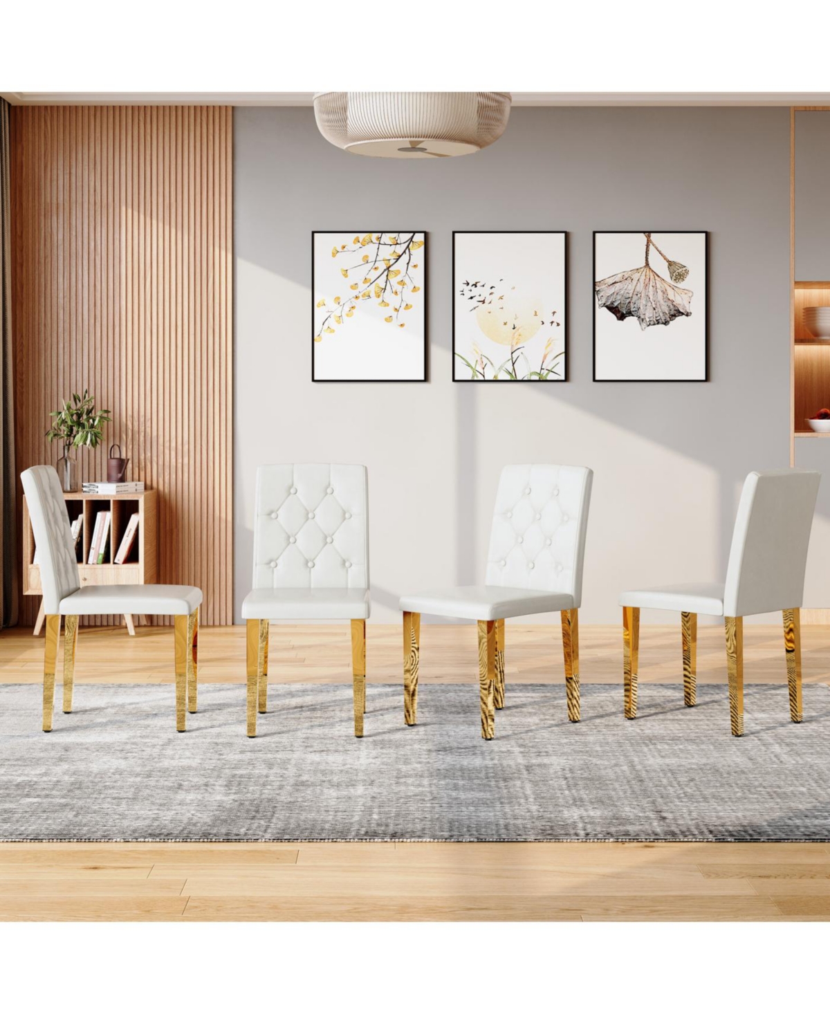 Streamdale 4-pack White Pu Dining Chairs, Ergonomic Buckle Back, 35"H, Golden Metal Legs