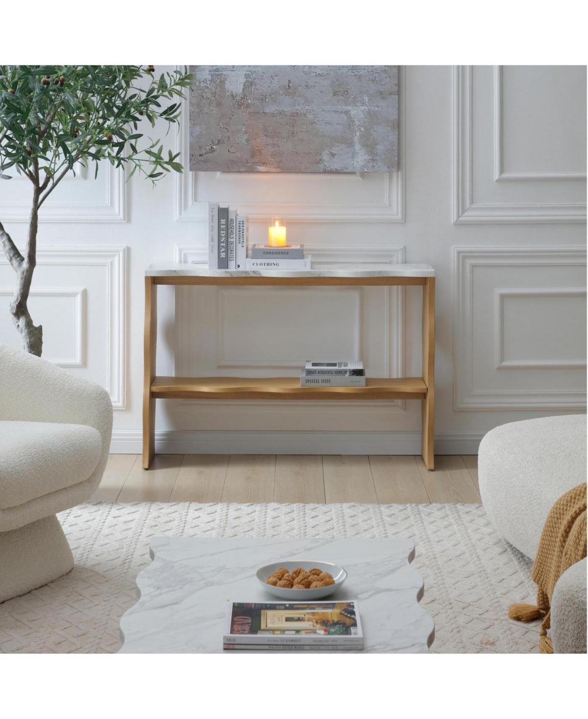 Streamdale Whisper of Waves Modern Console Table w/ White Marble-Pattern Top, Solid Wood