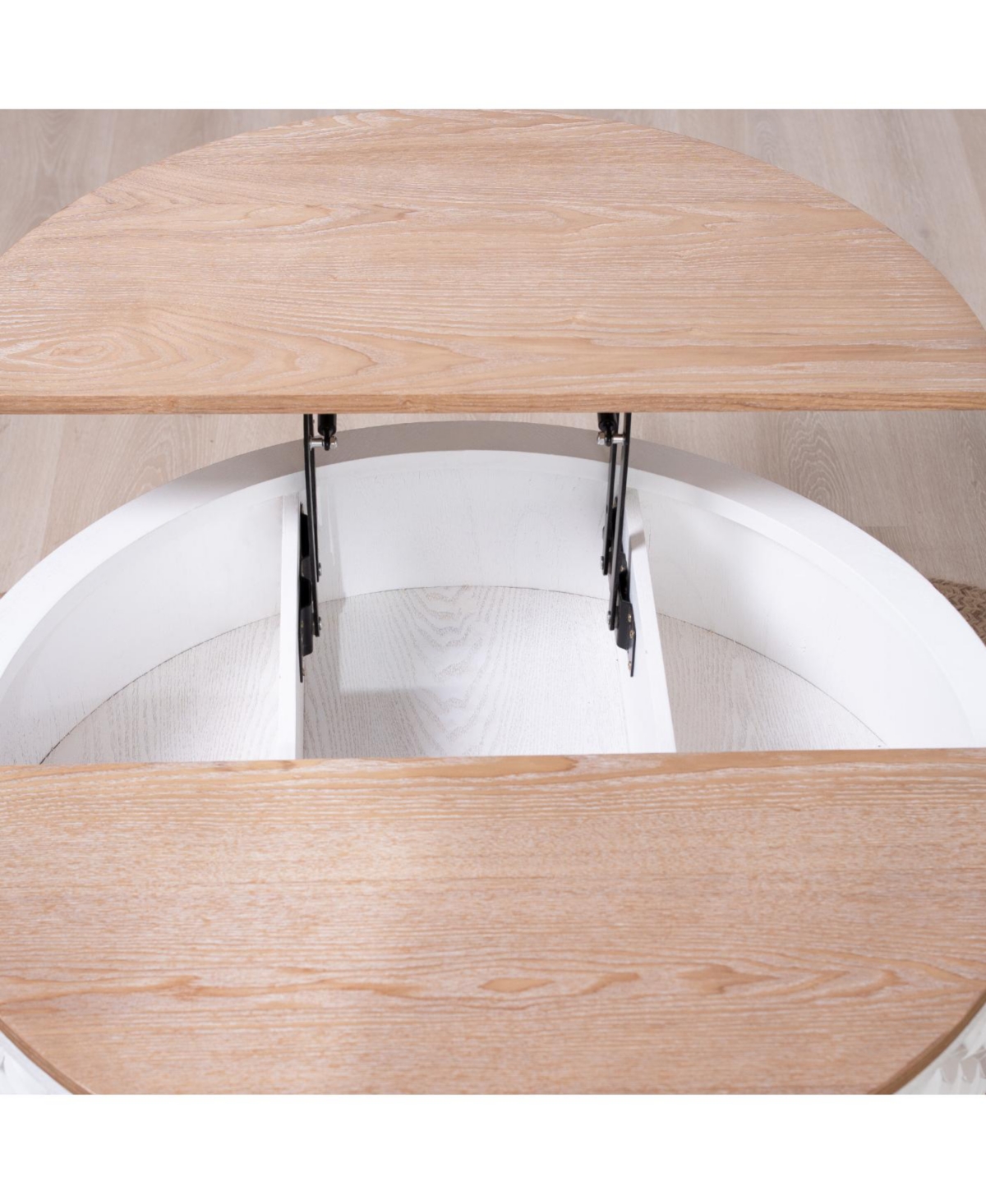 Streamdale Round Coffee Table with Storage Lift-Top Accent Table, White Carved Base