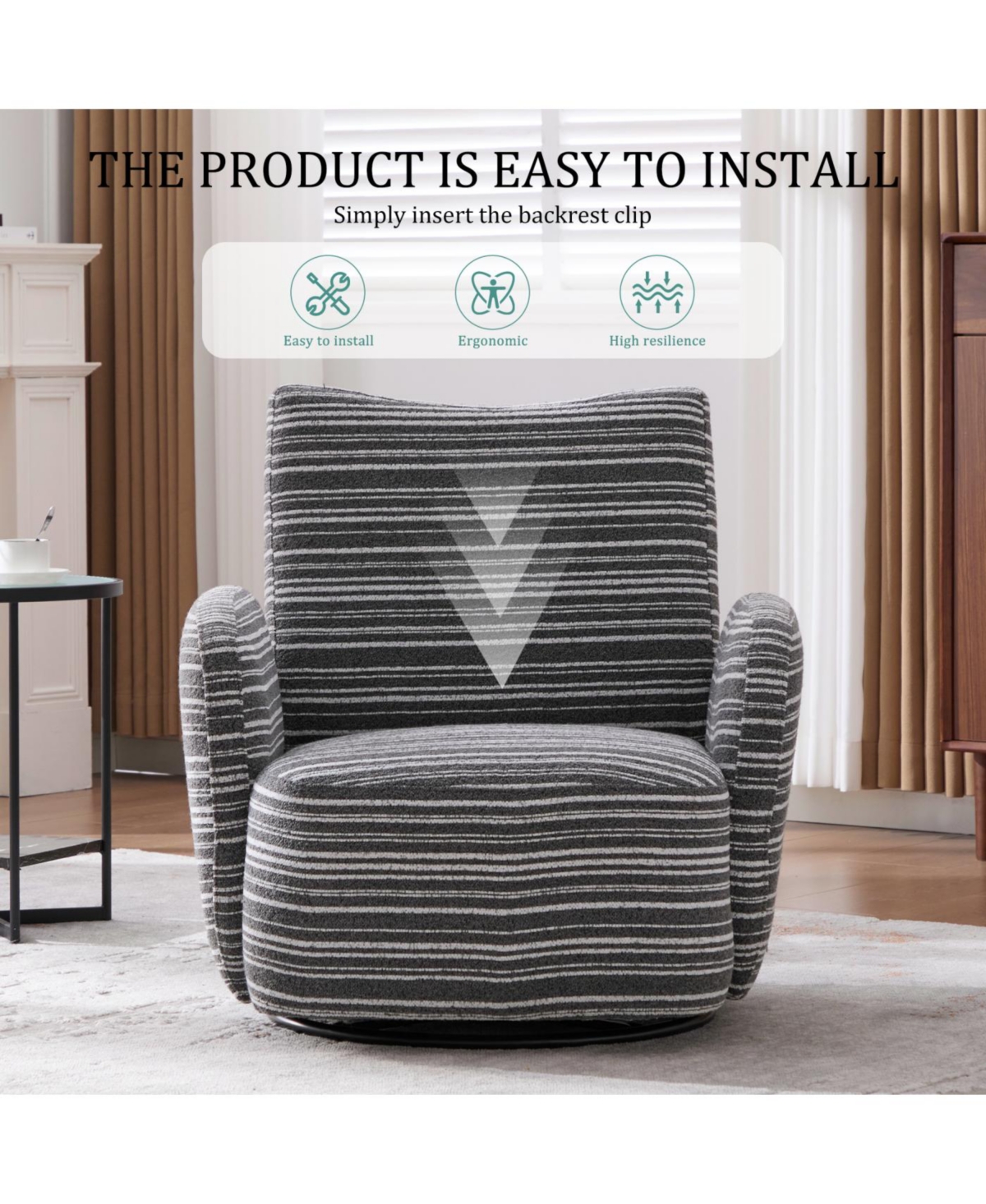 Streamdale Modern Swivel Leisure Chair with Striped Armrest