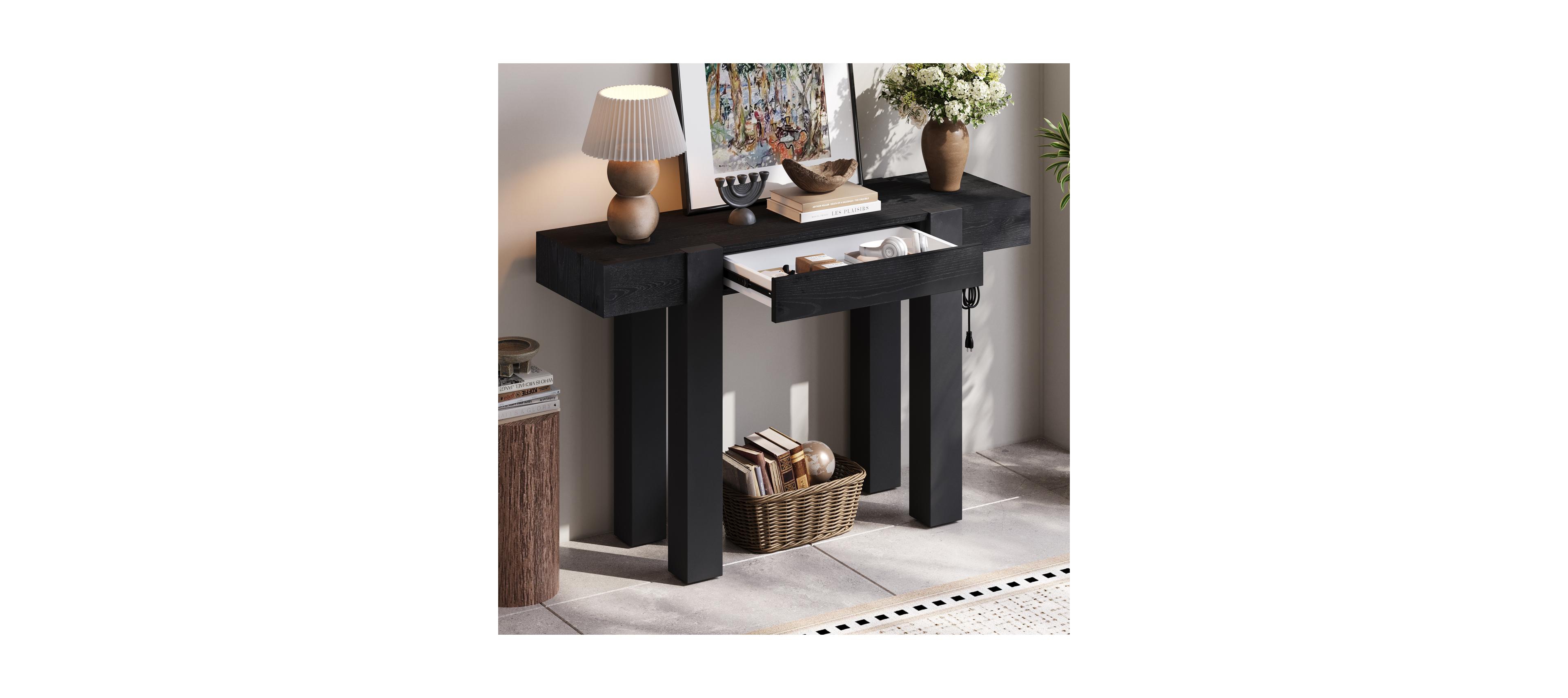 Streamdale Rustic Minimalist Console Table with Hidden Drawer and Power Outlet (Black)