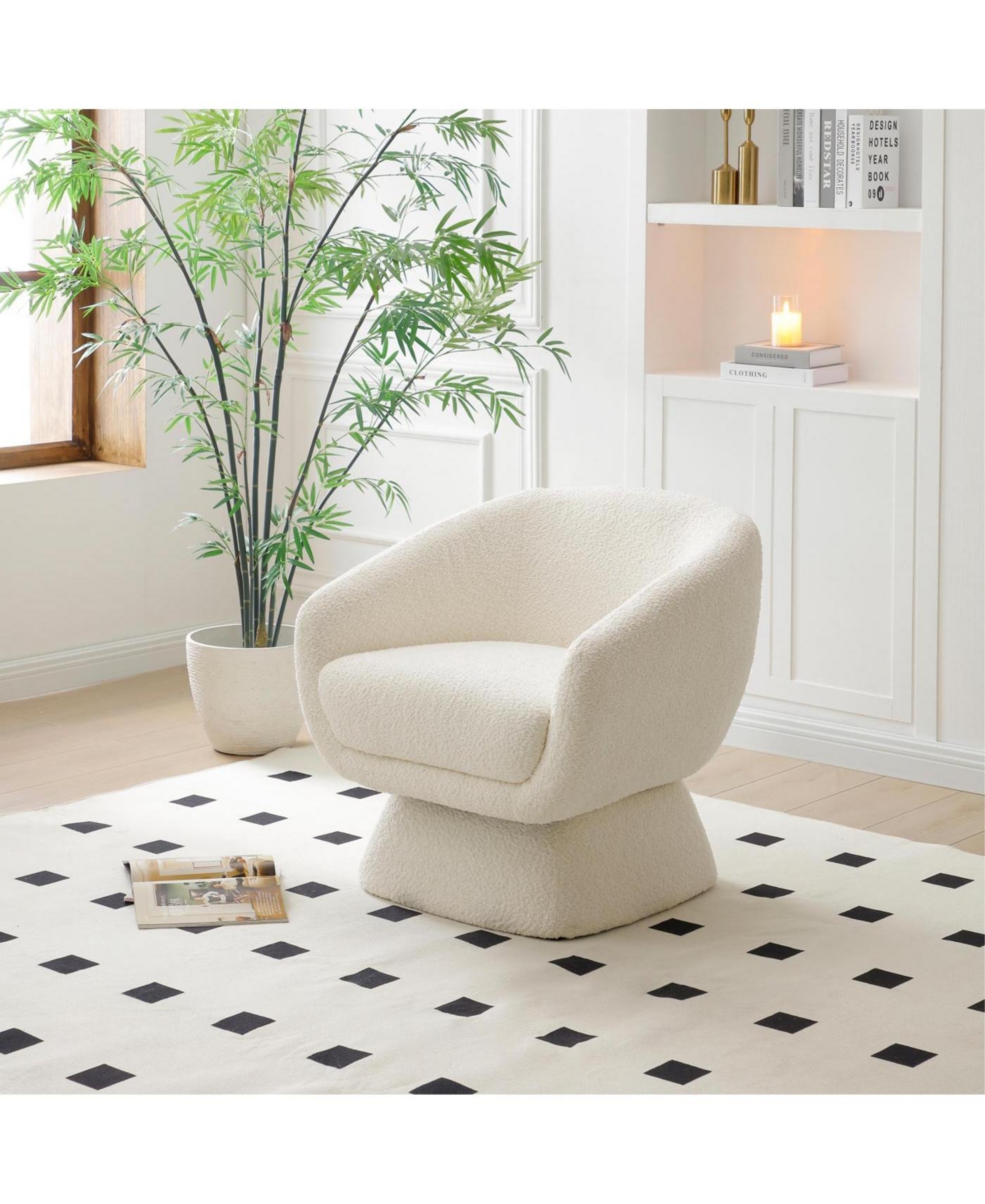 Streamdale Furniture White Boucle Swivel Chair, Solid Wood Frame, Modern Armchair