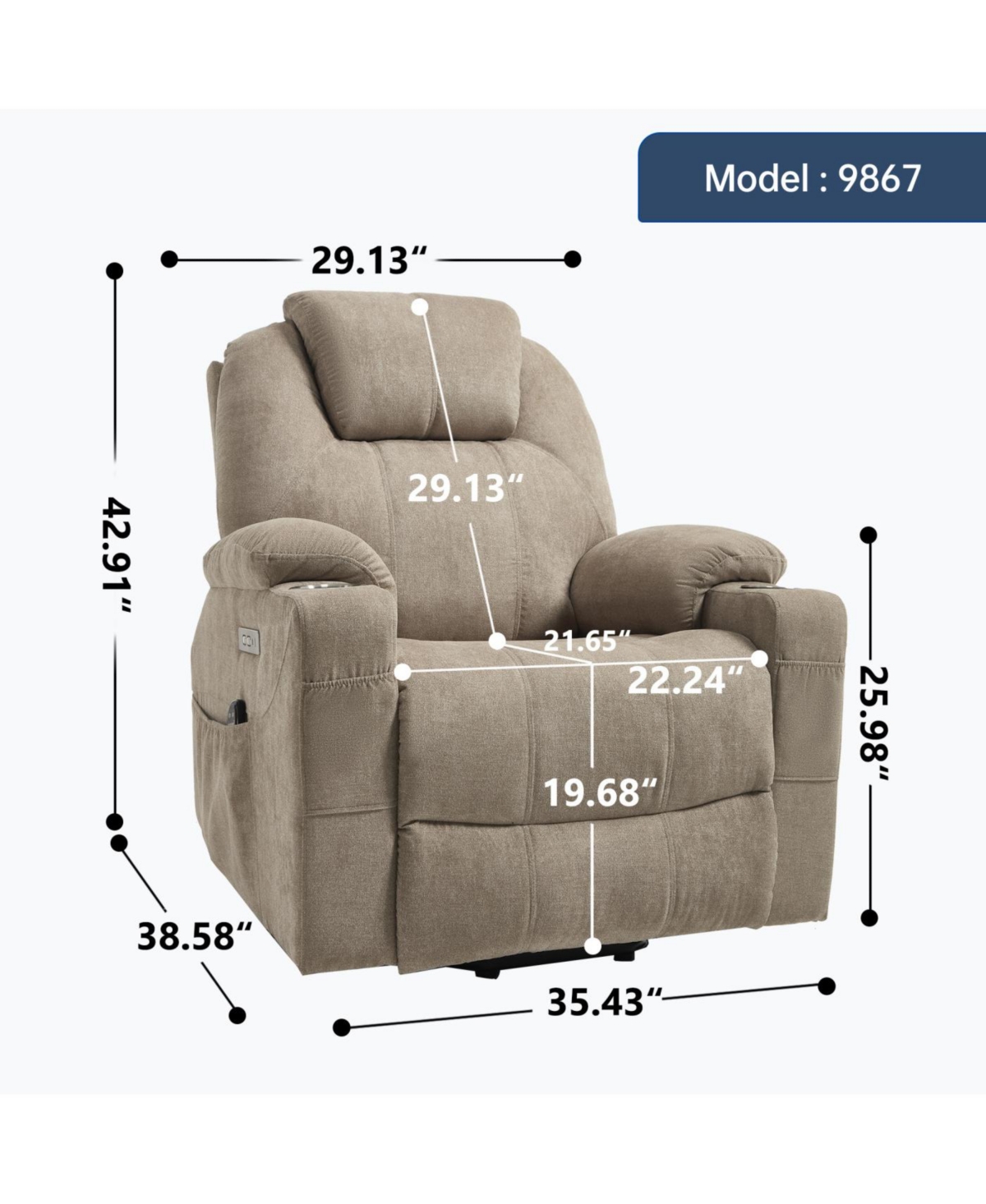 Streamdale Furniture Streamdale Power Lift Recliner Chair, 350 Lbs Capacity, 8-Point Massage, Heating, Usb/Type-c, Khaki