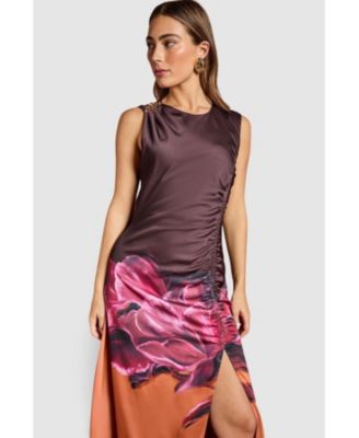 Women's Ruched Print Satin Midi Dress.