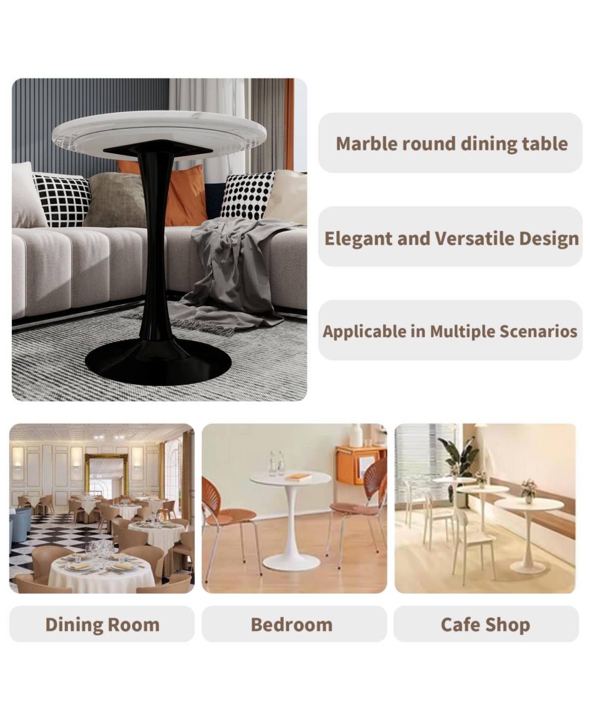 Streamdale 27.6" Black Mid-Century Modern Dining Table with White Marble Top