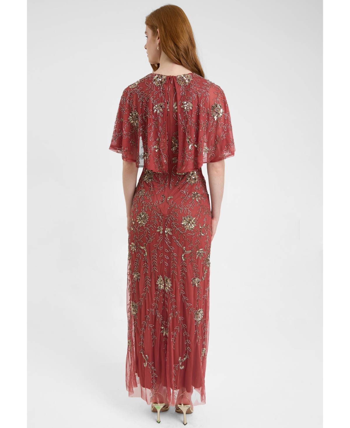 Beauut Women's Embellished Sequin Beaded Maxi Dress With Boat Neckline Cape-Style Short Sleeves