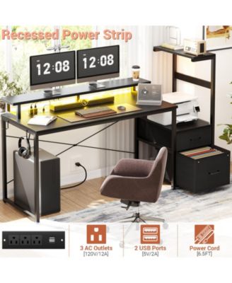 Gaming Desk with Outlets and LED Light, 59'' Reversible Computer Desk with File Drawers & Monitor Stand