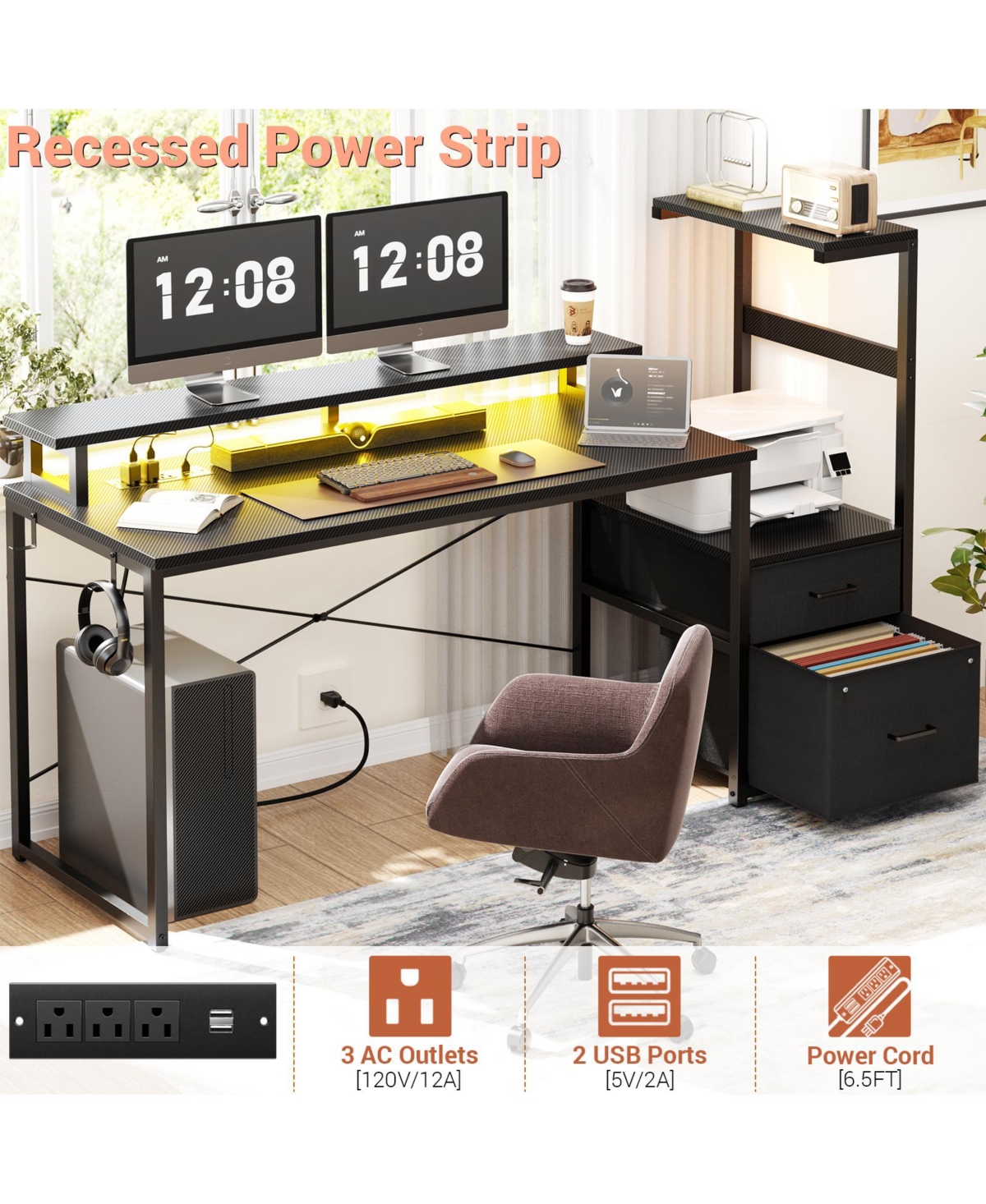 Aheaplus Gaming Desk with Outlets and Led Light, 59'' Reversible Computer File Drawers & Monitor Stand