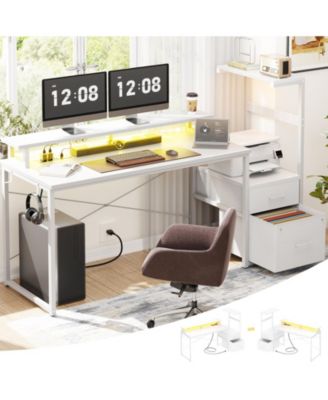 Gaming Desk with Outlets and LED Light, 59'' Reversible Computer Desk with File Drawers & Monitor Stand