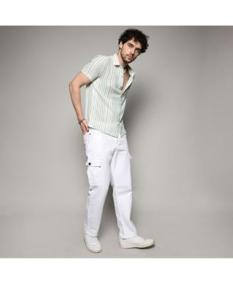 Men's Men's White & Green Unbalanced Striped Woven Shirt