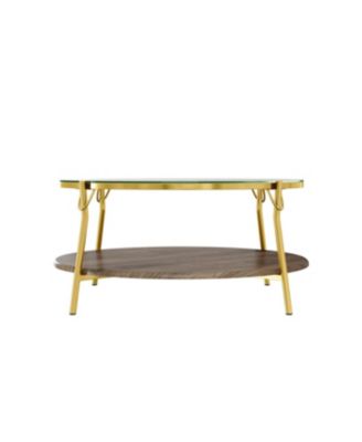 Streamdale Modern Round Walnut Coffee Table with Glass Top & Gold Base