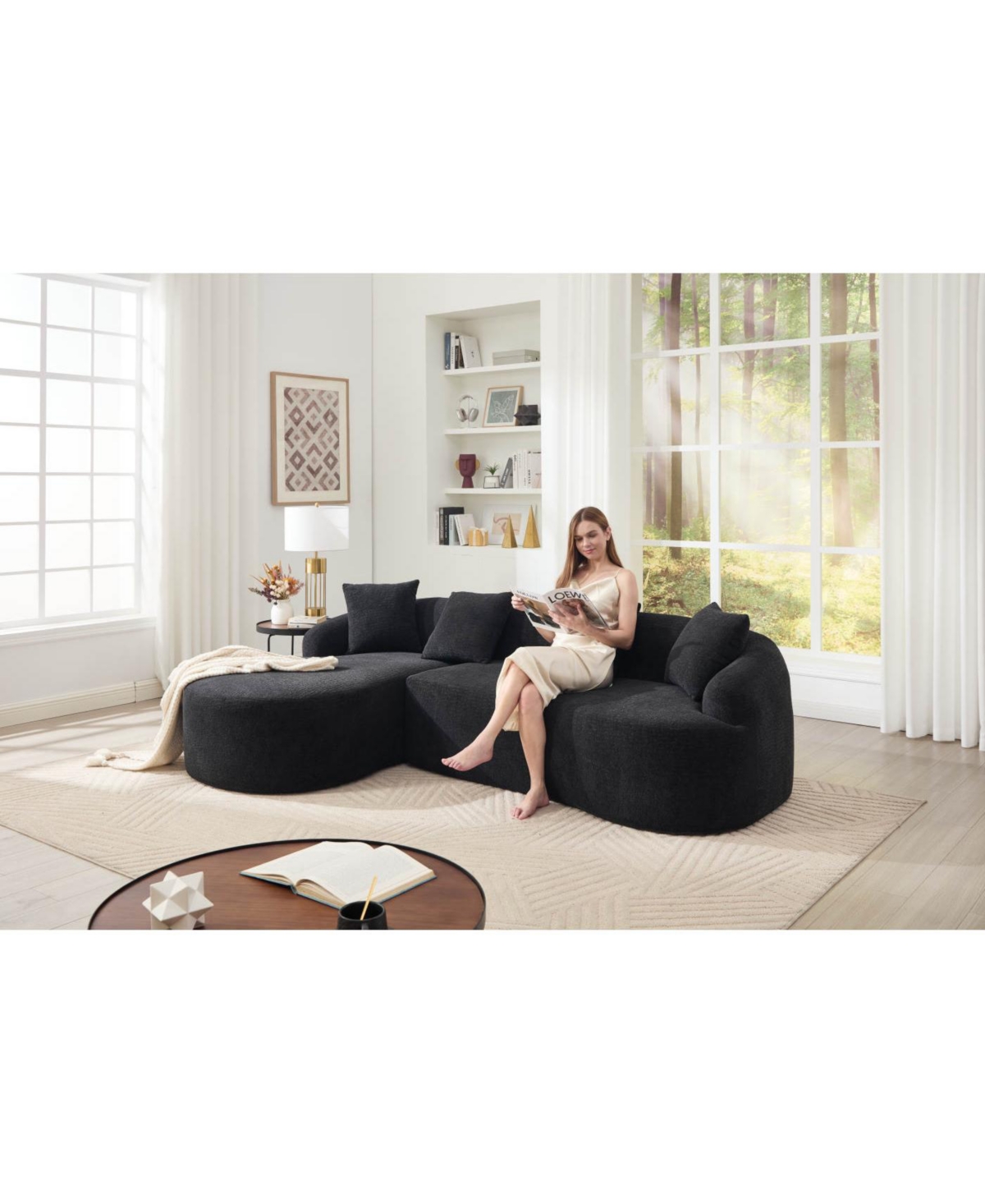 Streamdale Furniture Streamdale Compression L-Shape Sectional Sofa with Curved Chaise, Black Modular Chenille Couch