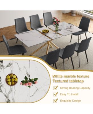 Modern Expandable Dining Table with Retractable Leaf, Stone Top & X-Base, 4 Chairs