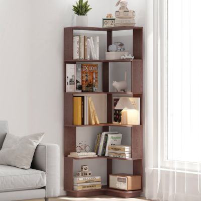 6 Tier L-Shaped Corner Bookshelf - Wooden Bookcase with Anti-Tip Device