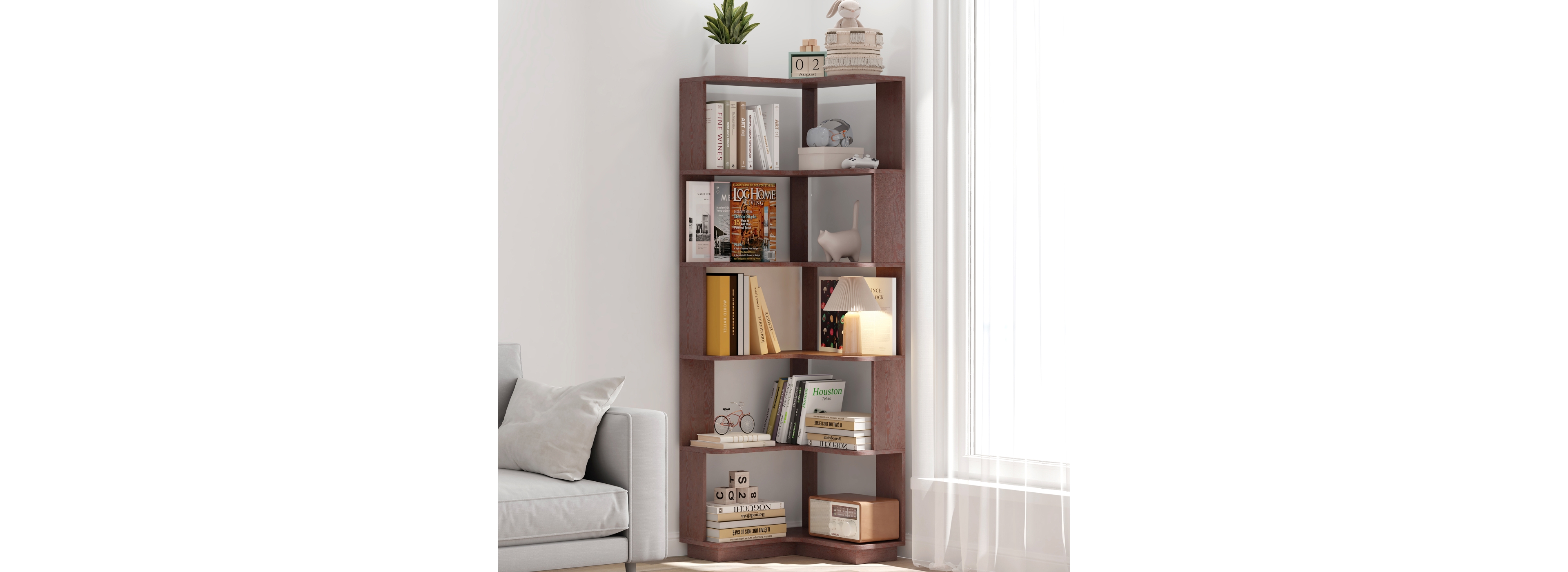 Streamdale Furniture 6 Tier L-Shaped Corner Bookshelf - Wooden Bookcase with Anti-Tip Device