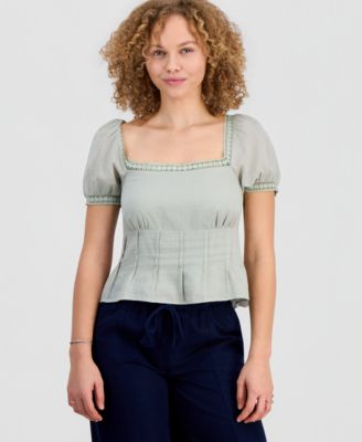 Juniors' Lace-Trim Pleated Babydoll Top