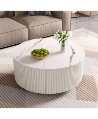 Streamdale Modern Round Coffee Table with Casters & 2 Drawers, White Marble Top