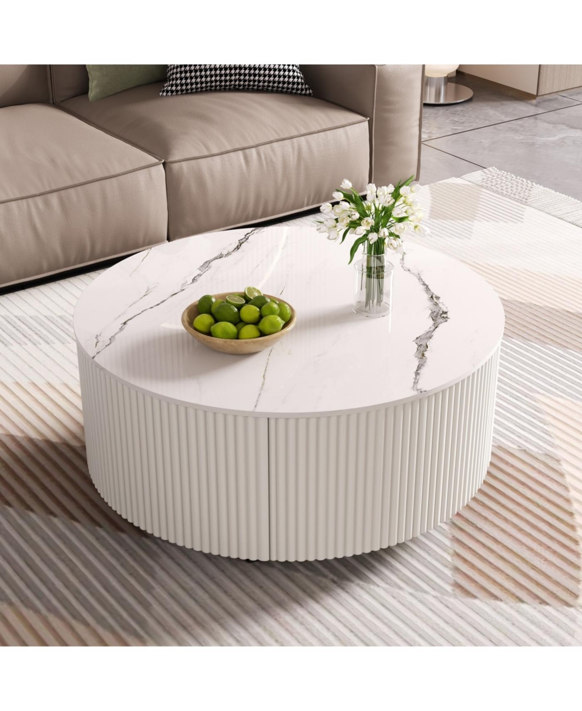 Streamdale Furniture Streamdale Modern Round Coffee Table with Casters & 2 Drawers, White Marble Top