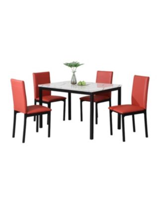  5-Piece Metal Dinette Set with Laminated Off-white Faux Marble Top, 4 Red Chairs