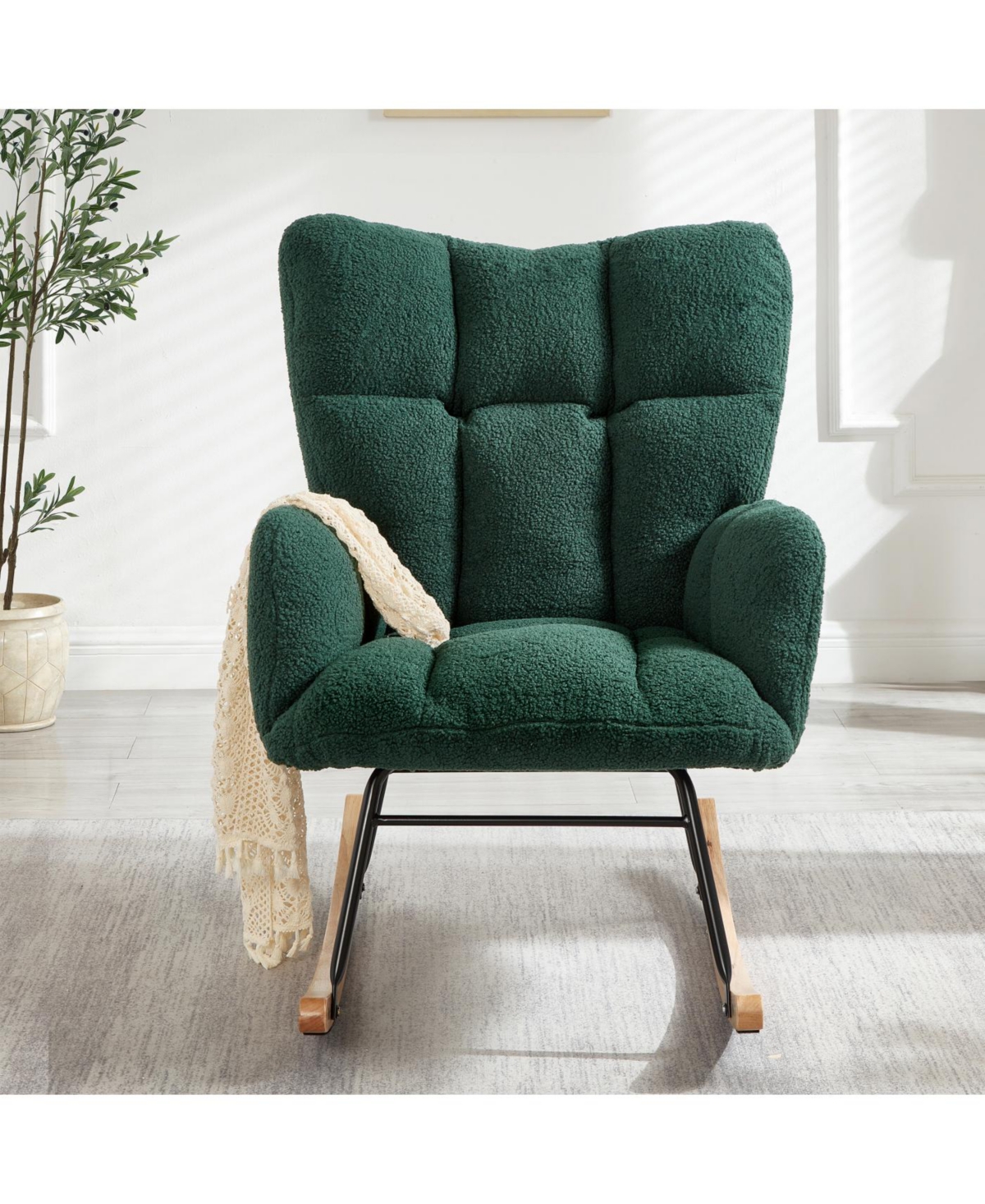 Streamdale Furniture Glider Chair for Living Room Teddy Fabric Rocking Chair with Metal Frame Green
